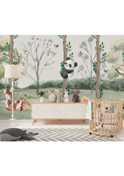 Ağaca Sarılan Panda Görselli 3D Duvar Kağıdı