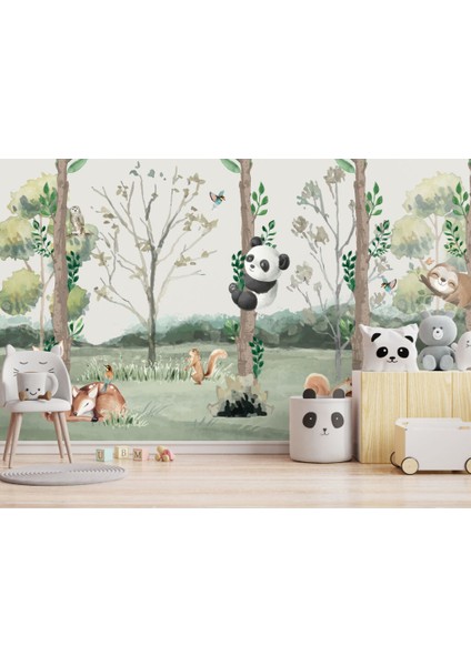 Ağaca Sarılan Panda Görselli 3D Duvar Kağıdı
