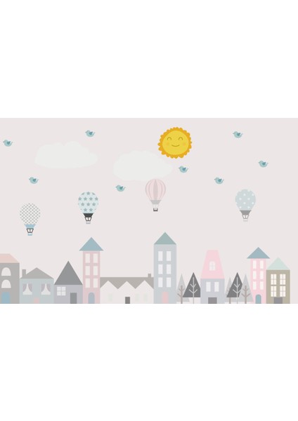 Bina, Balon ve Güneş Desenli 3D Duvar Kağıdı fiyatları