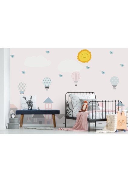 Bina, Balon ve Güneş Desenli 3D Duvar Kağıdı modelleri