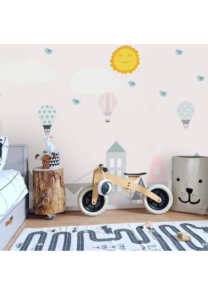 Bina, Balon ve Güneş Desenli 3D Duvar Kağıdı fırsatları