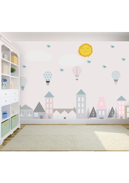 Bina, Balon ve Güneş Desenli 3D Duvar Kağıdı indirimleri