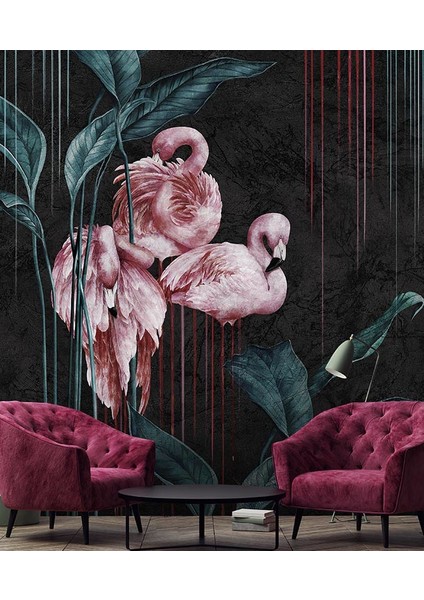 Flamingo Desenli Yapraklı 3D Duvar Kağıdı