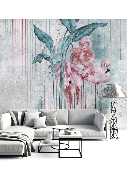 Flamingo Desenli Yapraklı 3D Duvar Kağıdı indirimleri