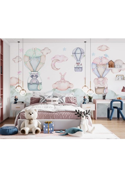 Bulutların Üstünde Seyahat Eden Birkaç Hayvan Desenli 3D Duvar Kağıdı