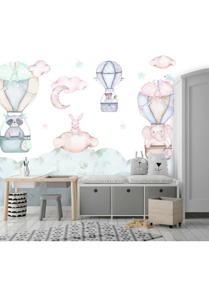 Bulutların Üstünde Seyahat Eden Birkaç Hayvan Desenli 3D Duvar Kağıdı indirimleri