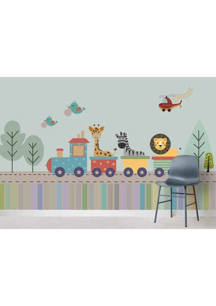 Trende Giden Hayvan ve Uçak Desenli 3D Duvar Kağıdı