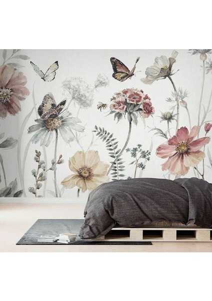Papatya Çiçekli ve Kelebekli 3D Duvar Kağıdı