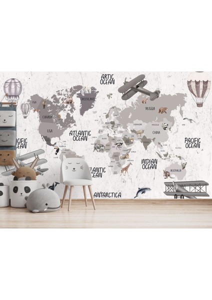 Çocuk Dünya Harita Uçaklı ve Balonlu 3D Duvar Kağıdı