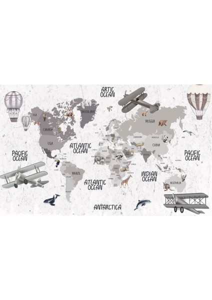 Çocuk Dünya Harita Uçaklı ve Balonlu 3D Duvar Kağıdı fiyatları