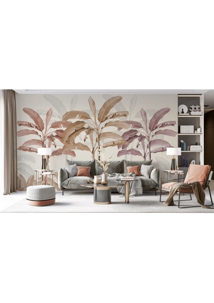 3D Renkli Geniş Yaprak Desenli Tropikal Duvar Kağıdı