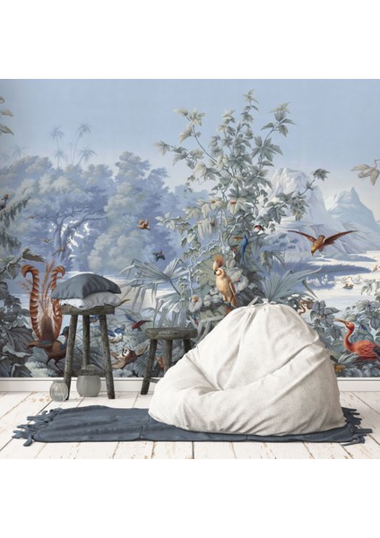 3D Farklı Türde Kuş ve Ağaç Desenli Tropikal Duvar Kağıdı modelleri
