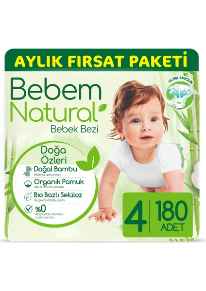 Bebem Natural Bebek Bezi 4 Beden Maxi Aylık Fırsat Paketi 180 Adet