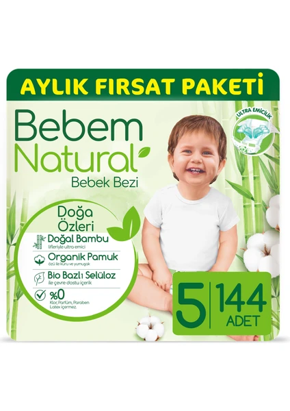 Bebem Natural Bebek Bezi 5 Beden Junior Aylık Fırsat Paketi 144 Adet