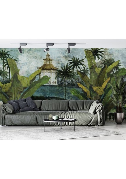 3D Ev ve Ağaç Desenli Tropikal Duvar Kağıdı
