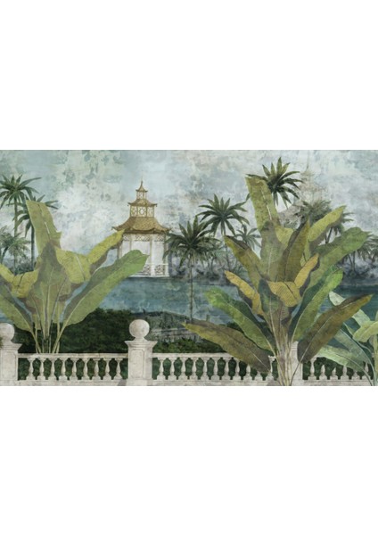 3D Ev ve Ağaç Desenli Tropikal Duvar Kağıdı fiyatları