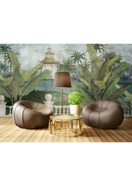 3D Ev ve Ağaç Desenli Tropikal Duvar Kağıdı indirimleri