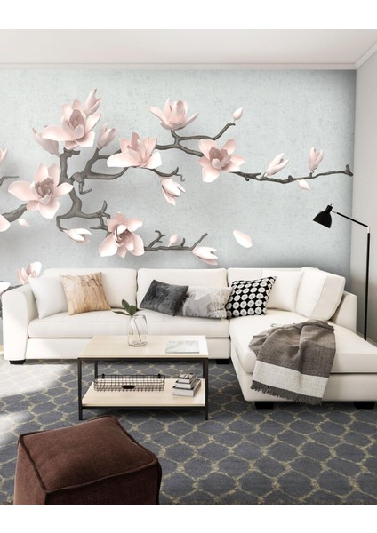 Beyaz Gül ve Dal Desenli 3D Duvar Kağıdı
