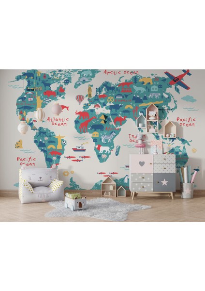 Hayvan Desenli Çok Renkli Çocuk Haritası 3D Duvar Kağıdı