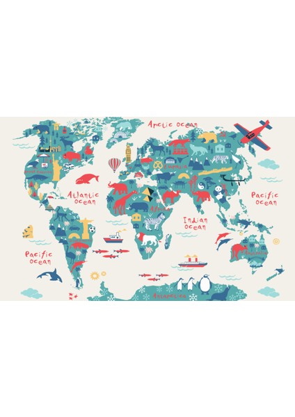 Hayvan Desenli Çok Renkli Çocuk Haritası 3D Duvar Kağıdı fiyatları