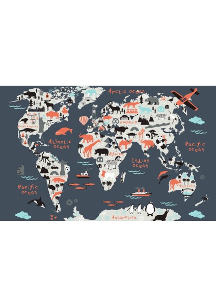 Hayvan Desenli Çok Renkli Çocuk Haritası 3D Duvar Kağıdı modelleri