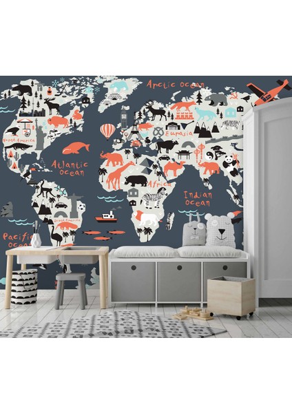 Hayvan Desenli Çok Renkli Çocuk Haritası 3D Duvar Kağıdı fırsatları