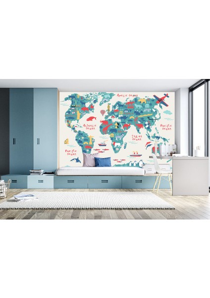 Hayvan Desenli Çok Renkli Çocuk Haritası 3D Duvar Kağıdı indirimleri