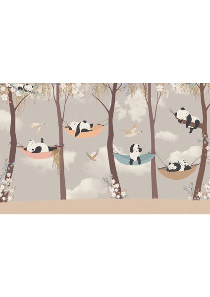 Ağaç Arasında Yatan Panda Desenli 3D Duvar Kağıdı