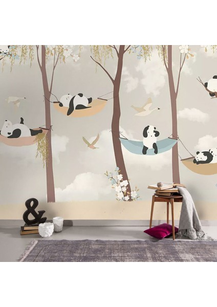 Ağaç Arasında Yatan Panda Desenli 3D Duvar Kağıdı