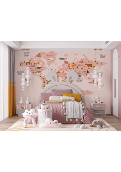Pembe Renkli Çocuk Haritası 3D Duvar Kağıdı