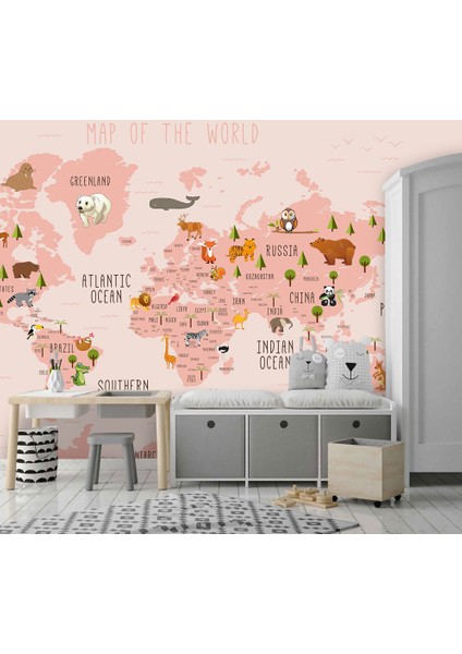 Pembe Renkli Çocuk Haritası 3D Duvar Kağıdı indirimleri