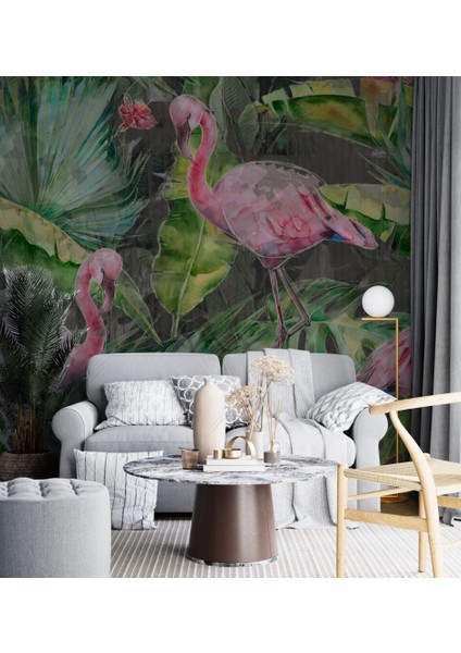 Flamingo ve Bitki Desenli 3D Duvar Kağıdı