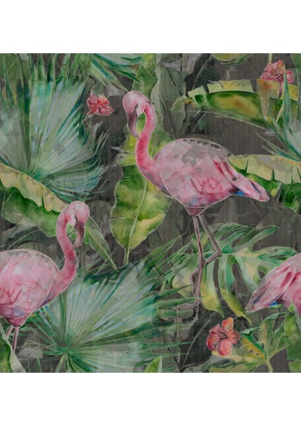 Flamingo ve Bitki Desenli 3D Duvar Kağıdı
