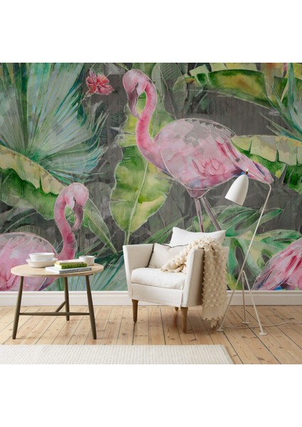 Flamingo ve Bitki Desenli 3D Duvar Kağıdı