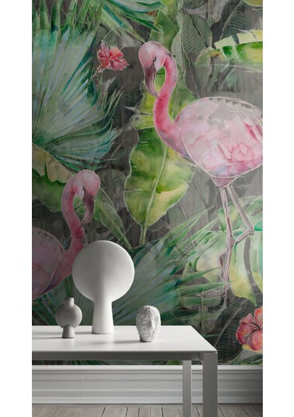 Flamingo ve Bitki Desenli 3D Duvar Kağıdı