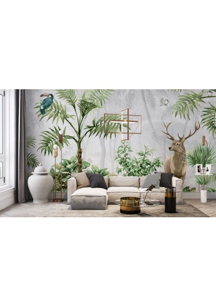 3D Geyik ve Ağaç Desenli Tropikal Duvar Kağıdı