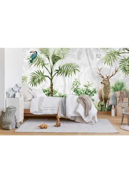 3D Geyik ve Ağaç Desenli Tropikal Duvar Kağıdı modelleri