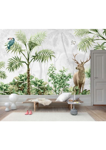 3D Geyik ve Ağaç Desenli Tropikal Duvar Kağıdı indirimleri