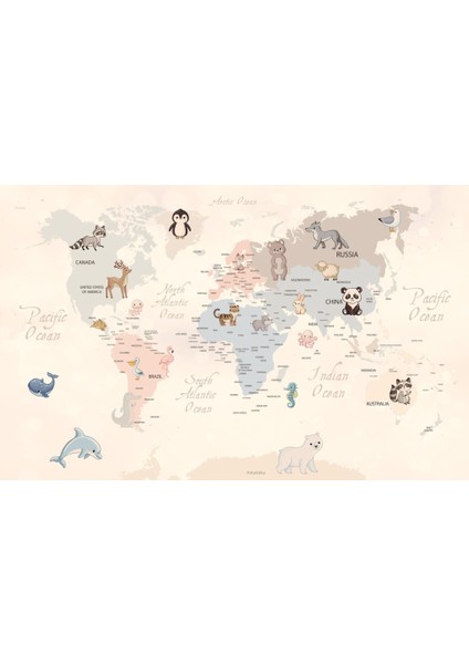 Güzel Yazılı ve Hayvan Desenli Çocuk Haritası 3D Duvar Kağıdı fiyatları