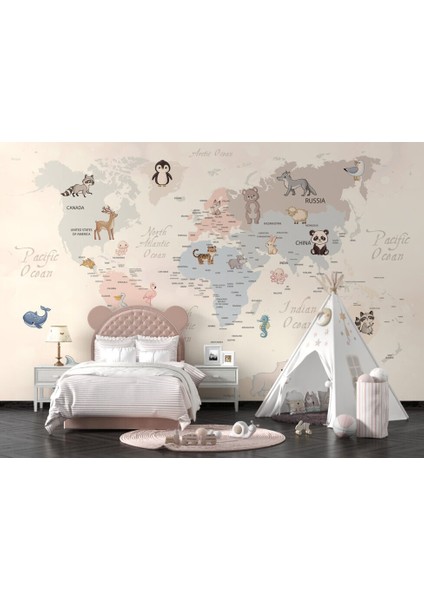 Güzel Yazılı ve Hayvan Desenli Çocuk Haritası 3D Duvar Kağıdı modelleri
