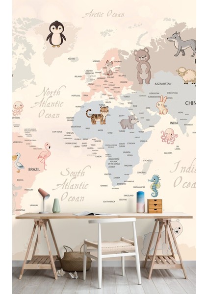 Güzel Yazılı ve Hayvan Desenli Çocuk Haritası 3D Duvar Kağıdı fırsatları