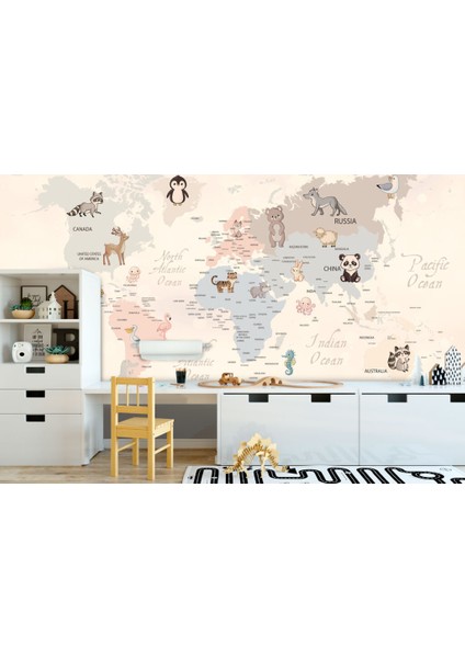 Güzel Yazılı ve Hayvan Desenli Çocuk Haritası 3D Duvar Kağıdı indirimleri