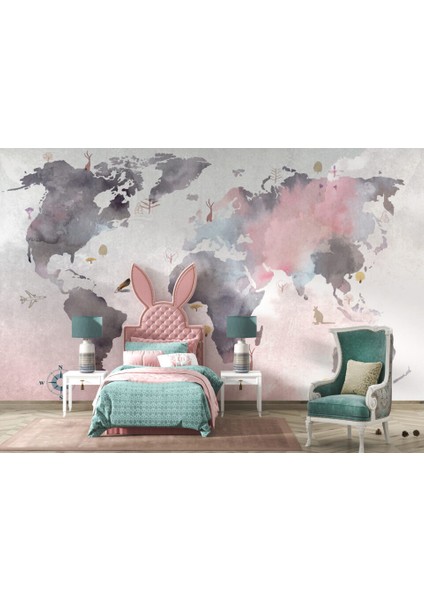 Sulu Boya Desenli Çocuk Haritası 3D Duvar Kağıdı