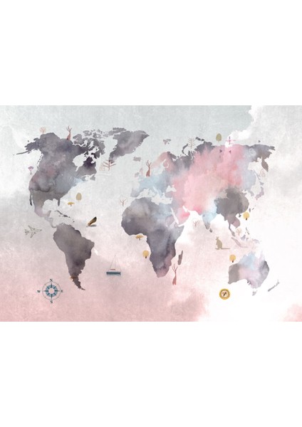 Sulu Boya Desenli Çocuk Haritası 3D Duvar Kağıdı fiyatları