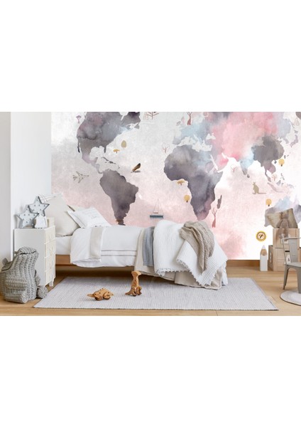 Sulu Boya Desenli Çocuk Haritası 3D Duvar Kağıdı modelleri