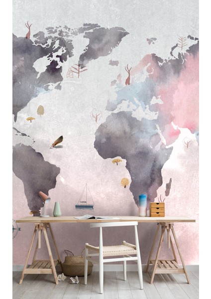 Sulu Boya Desenli Çocuk Haritası 3D Duvar Kağıdı fırsatları