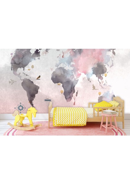 Sulu Boya Desenli Çocuk Haritası 3D Duvar Kağıdı indirimleri