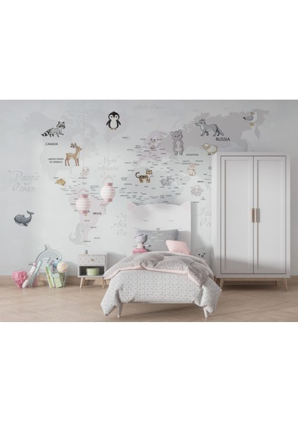 Çok Çeşit Hayvan Desenli Çocuk Haritası 3D Duvar Kağıdı