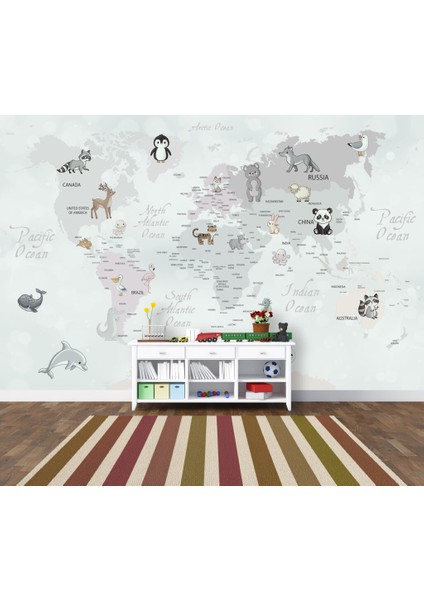 Çok Çeşit Hayvan Desenli Çocuk Haritası 3D Duvar Kağıdı fırsatları
