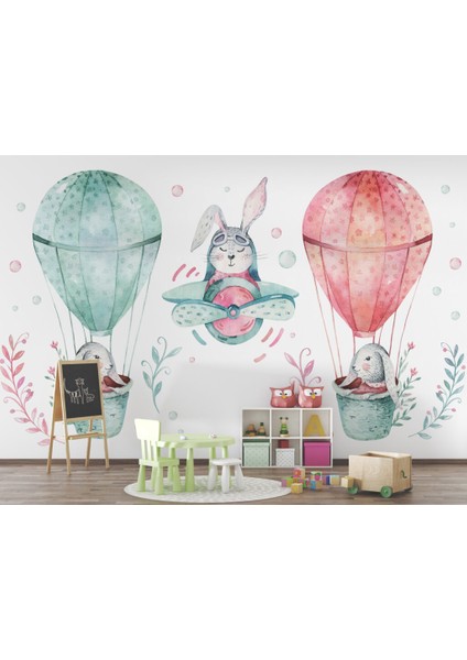 Tavşanları Taşıyan Uçan Balon Desenli 3D Duvar Kağıdı